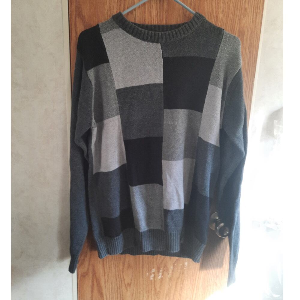Oscar de la Renta Mens Colorblock Sweater Gray Black Crewneck Cotton Knit Medium